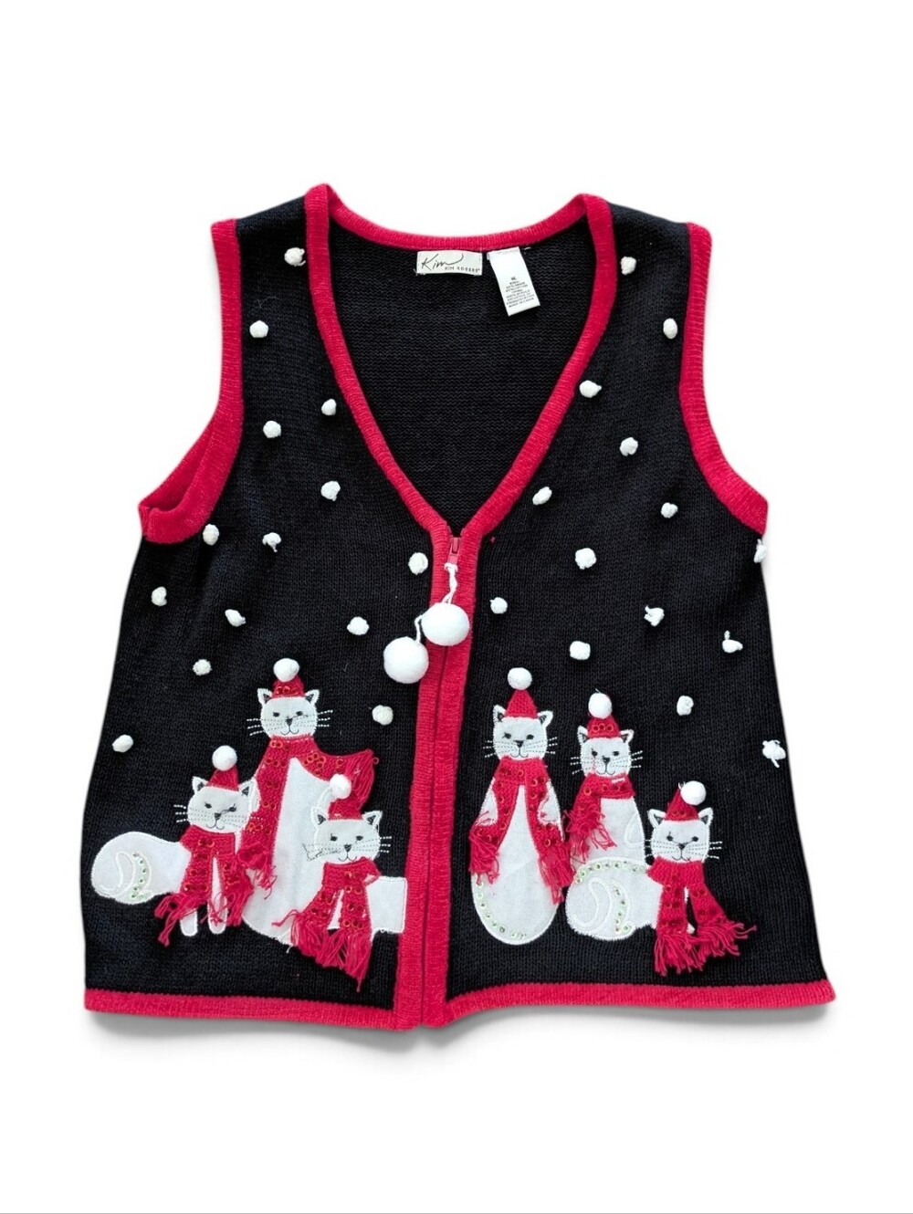 VTG Kim Rogers Knit Zip Christmas Cats Sweater Vest M Black Red NWT Whimsical